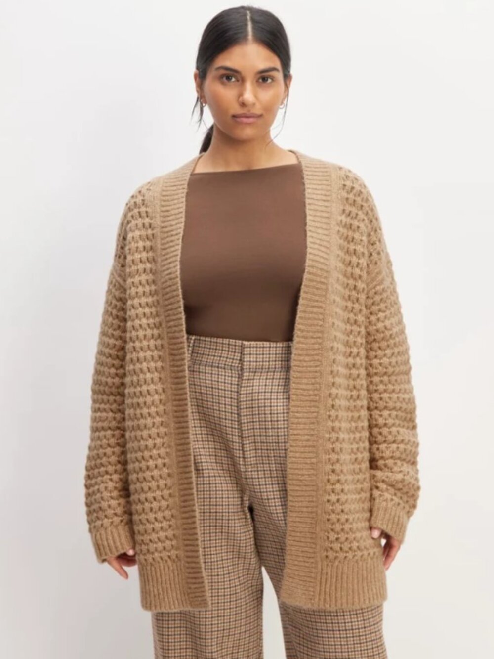 Everlane The Cloud Oversized Textured Cardigan XL Camel Merino Wool Open Knit